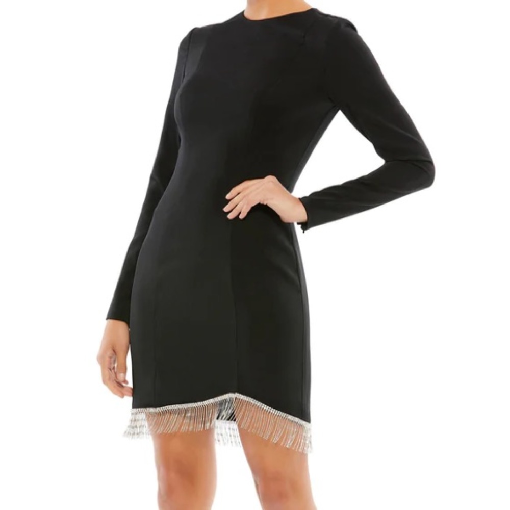 Mac Duggal LONG SLEEVE ASYMMETRICAL BEADED FRINGE HEM MINI DRESS